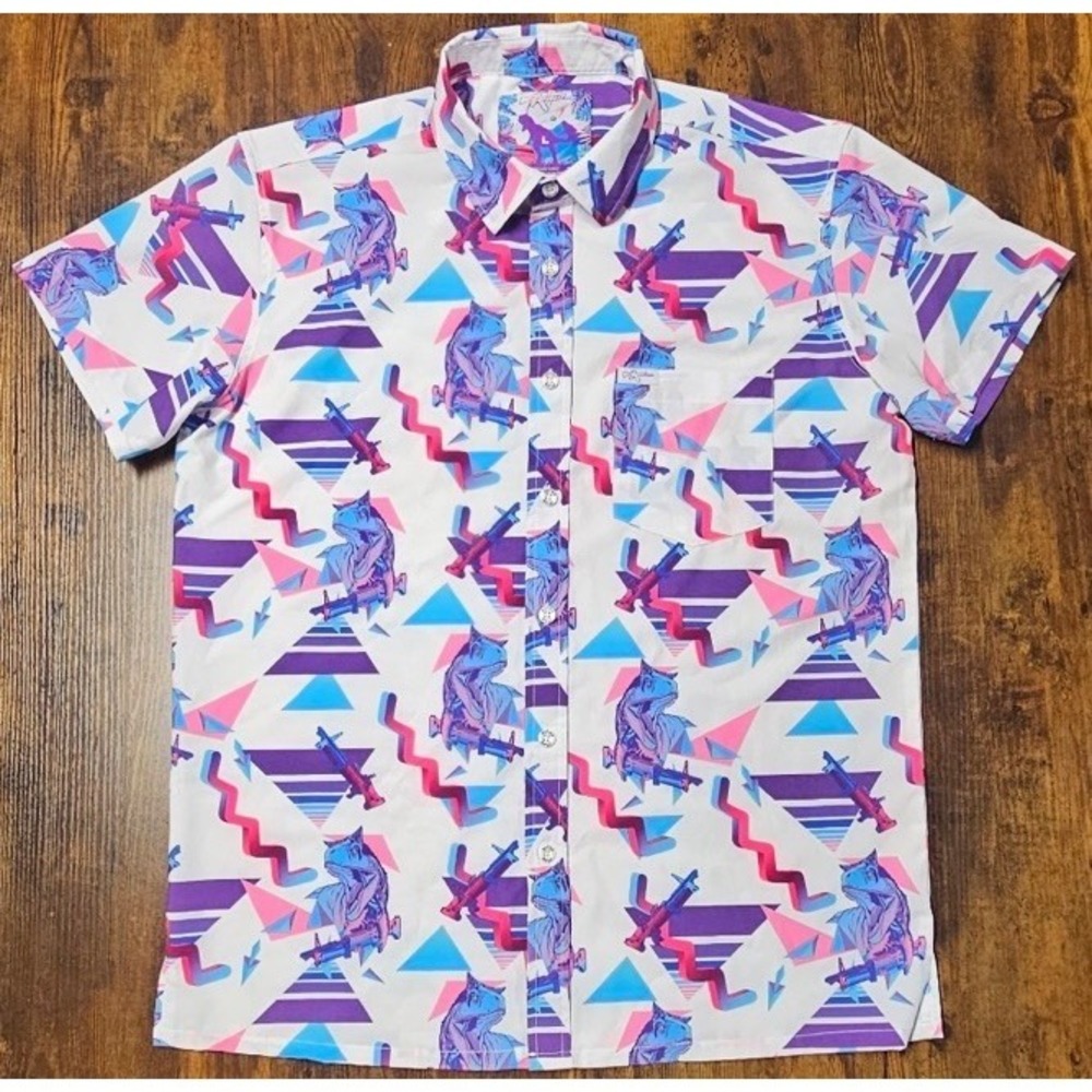 Retro Rifle Prehistoric White Shirt Blue Purple Pink Dinosaurs Design Size Large